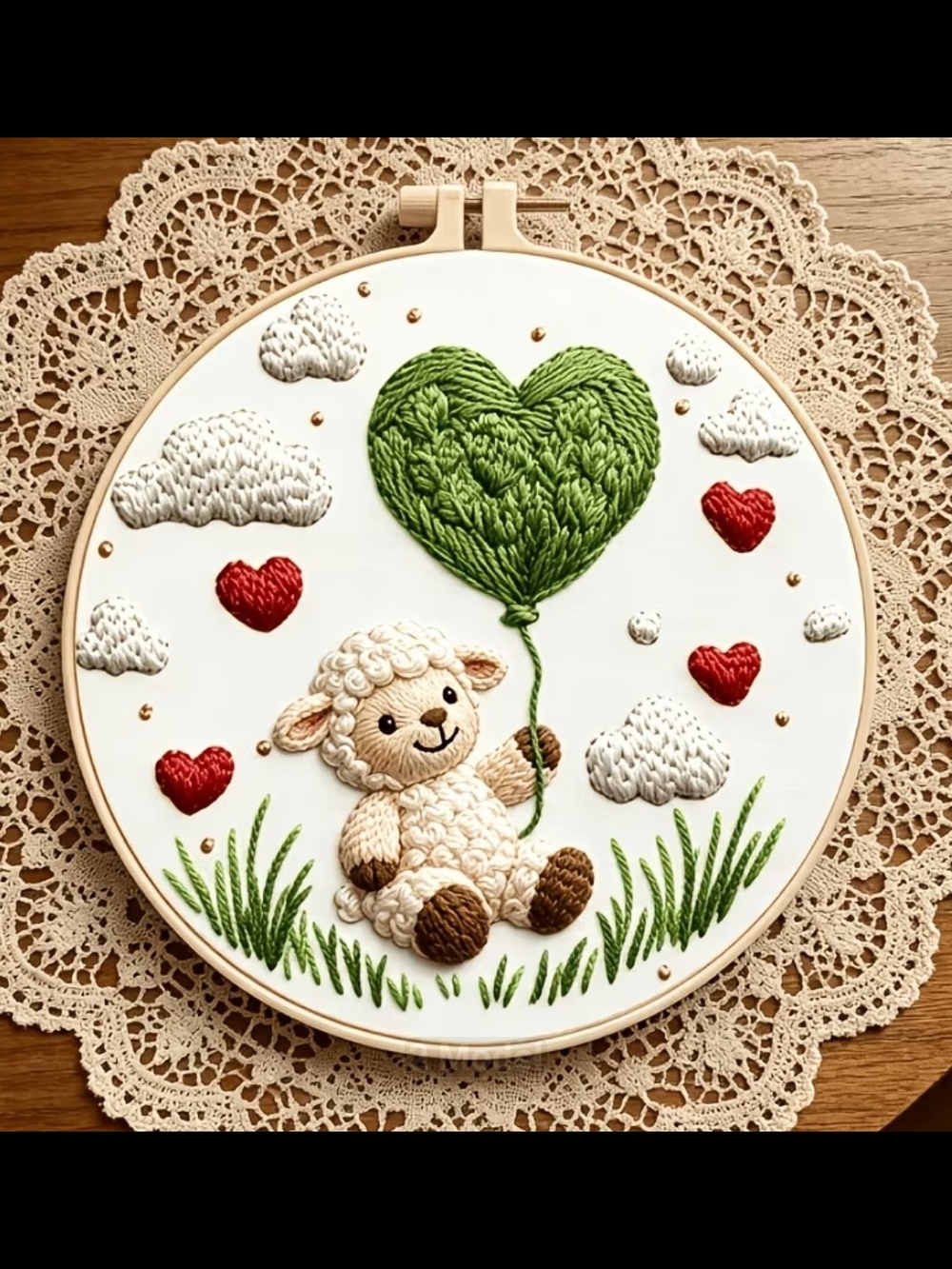 Handcrafted Sheep Embroidery Hoop Wall Art - Green Heart
